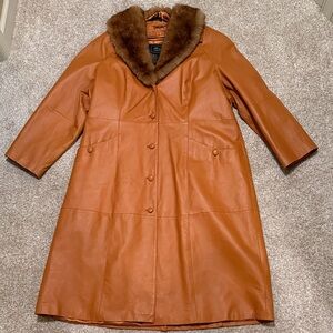 Vintage Brown Genuine Leather Coat with Faux Fur Collar Terry Lewis Y2K